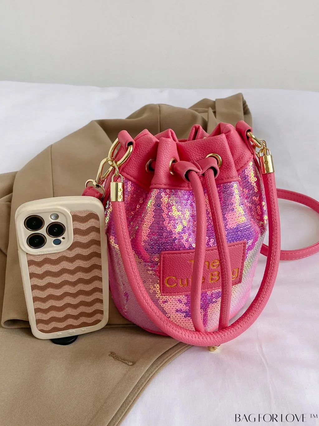 BagForLove - Sequin-Decorated Drawstring Satchel: Fashionable Letter Patch Bucket Bag