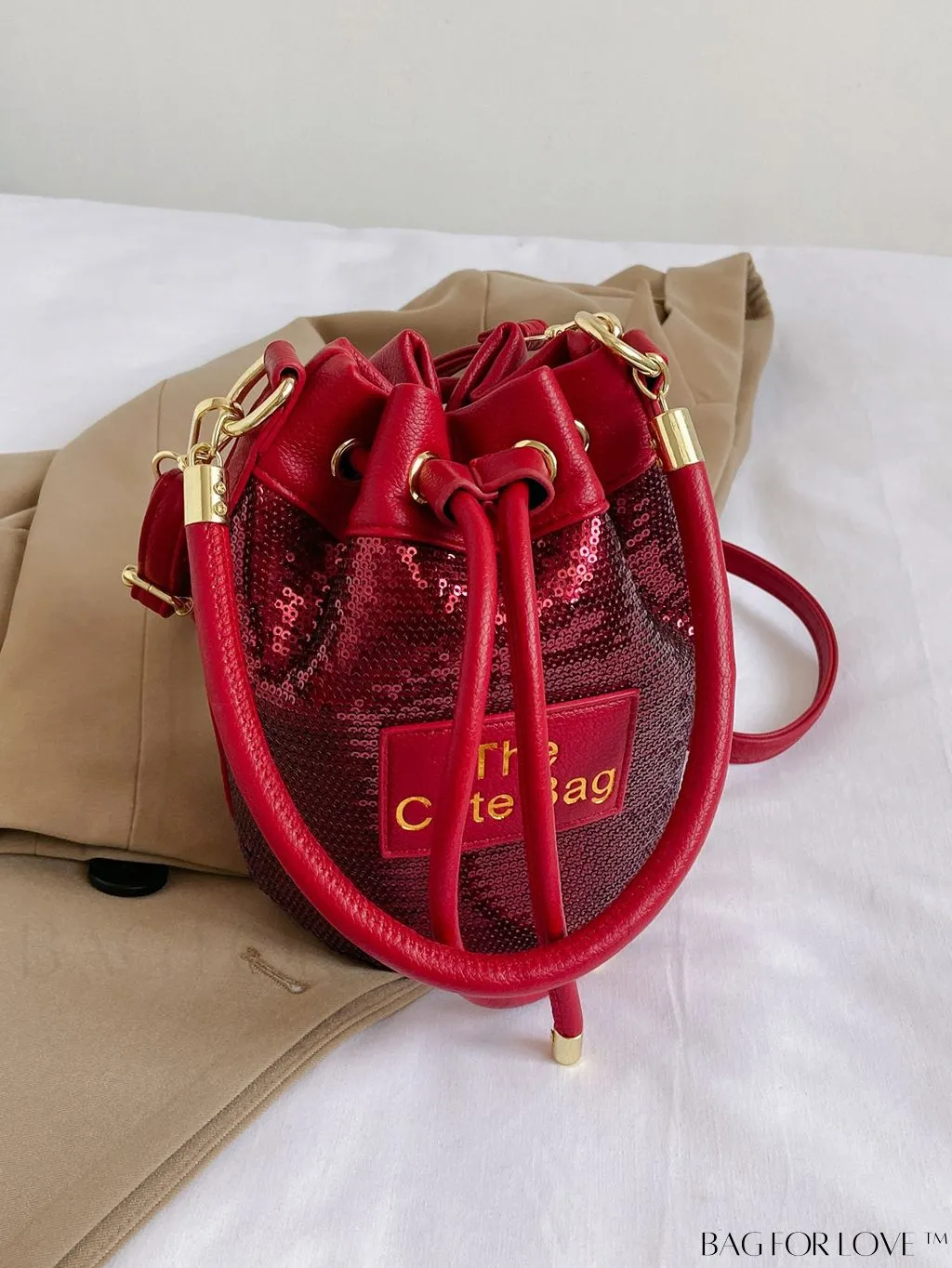BagForLove - Sequin-Decorated Drawstring Satchel: Fashionable Letter Patch Bucket Bag
