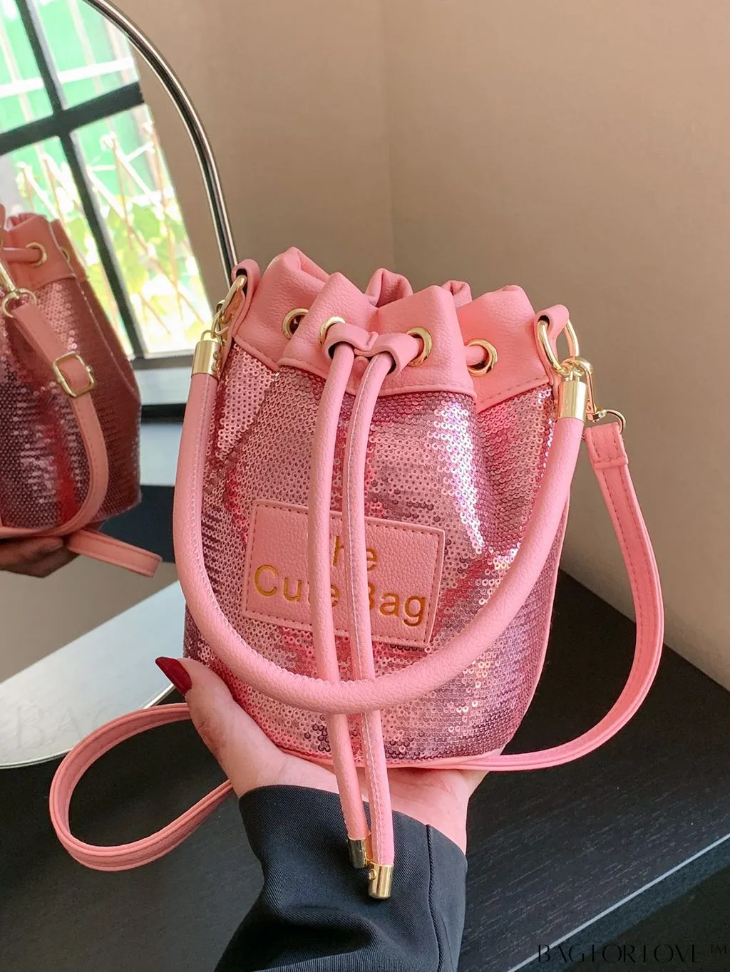 BagForLove - Sequin-Decorated Drawstring Satchel: Fashionable Letter Patch Bucket Bag