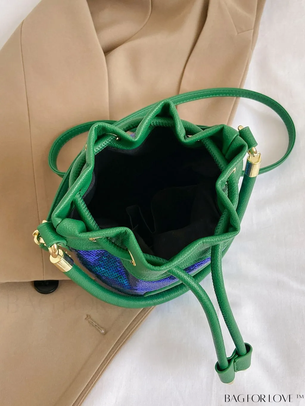 BagForLove - Sequin-Decorated Drawstring Satchel: Fashionable Letter Patch Bucket Bag