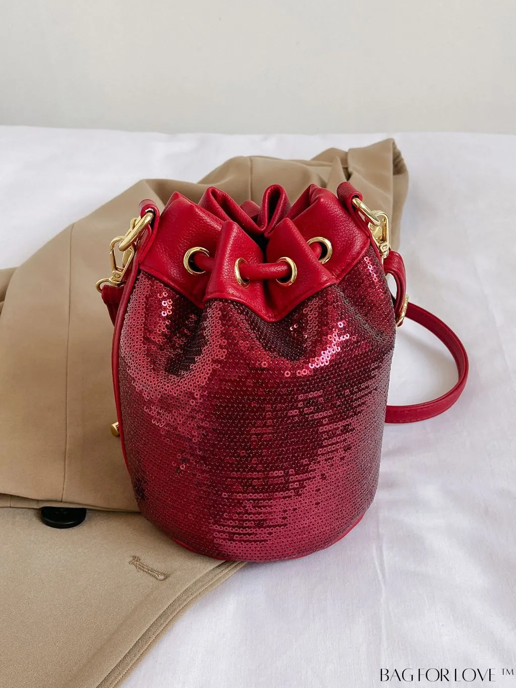 BagForLove - Sequin-Decorated Drawstring Satchel: Fashionable Letter Patch Bucket Bag