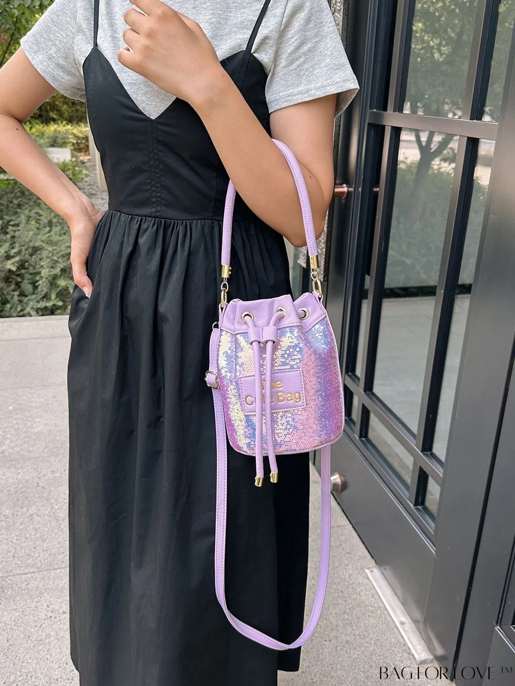 BagForLove - Sequin-Decorated Drawstring Satchel: Fashionable Letter Patch Bucket Bag