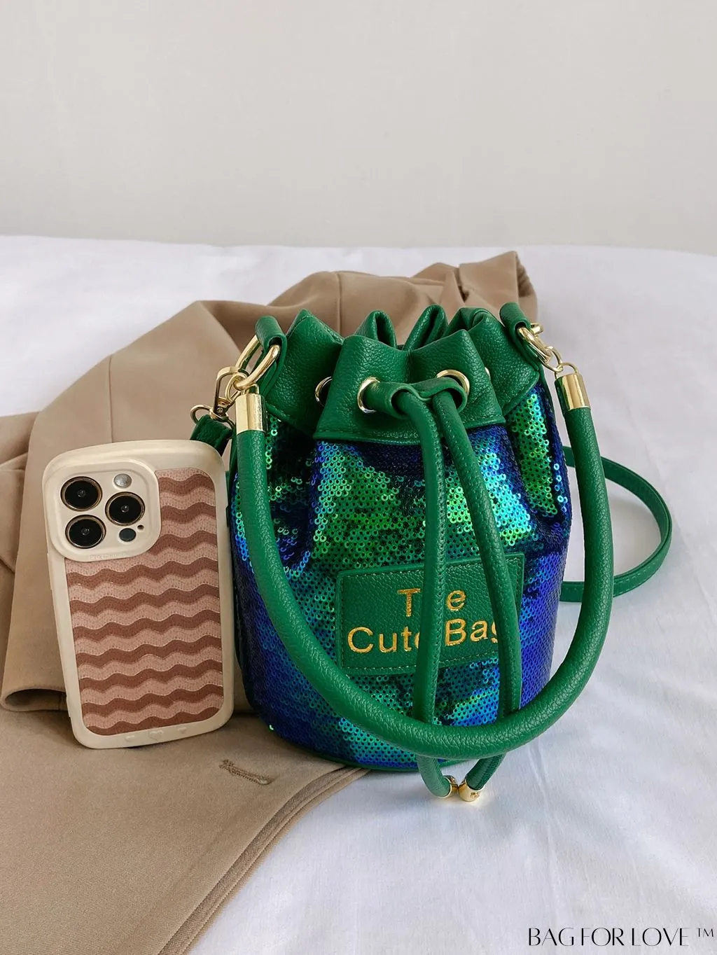 BagForLove - Sequin-Decorated Drawstring Satchel: Fashionable Letter Patch Bucket Bag
