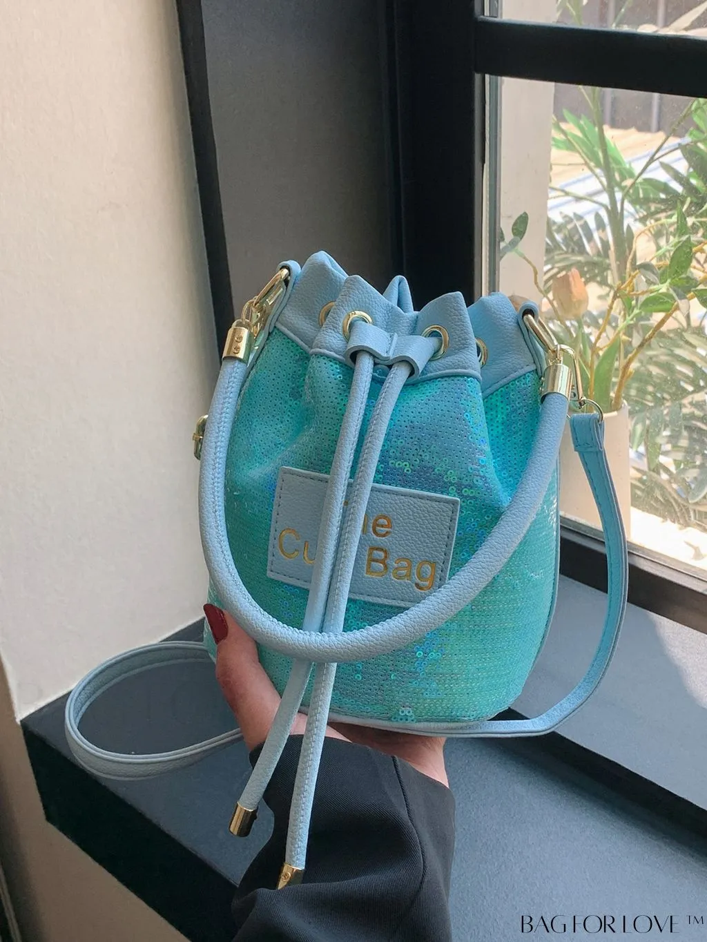 BagForLove - Sequin-Decorated Drawstring Satchel: Fashionable Letter Patch Bucket Bag