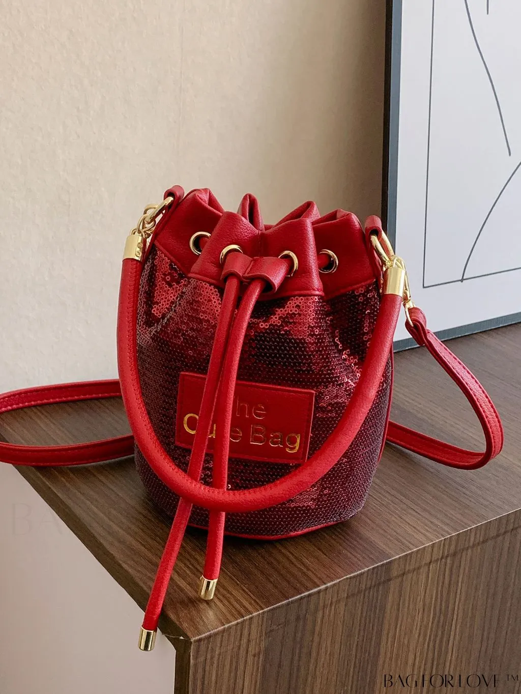 BagForLove - Sequin-Decorated Drawstring Satchel: Fashionable Letter Patch Bucket Bag
