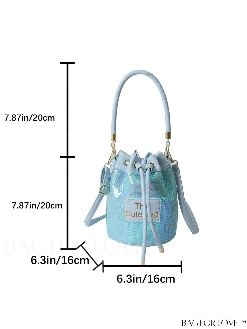 BagForLove - Sequin-Decorated Drawstring Satchel: Fashionable Letter Patch Bucket Bag