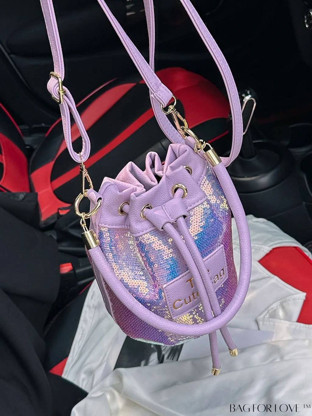 BagForLove - Sequin-Decorated Drawstring Satchel: Fashionable Letter Patch Bucket Bag