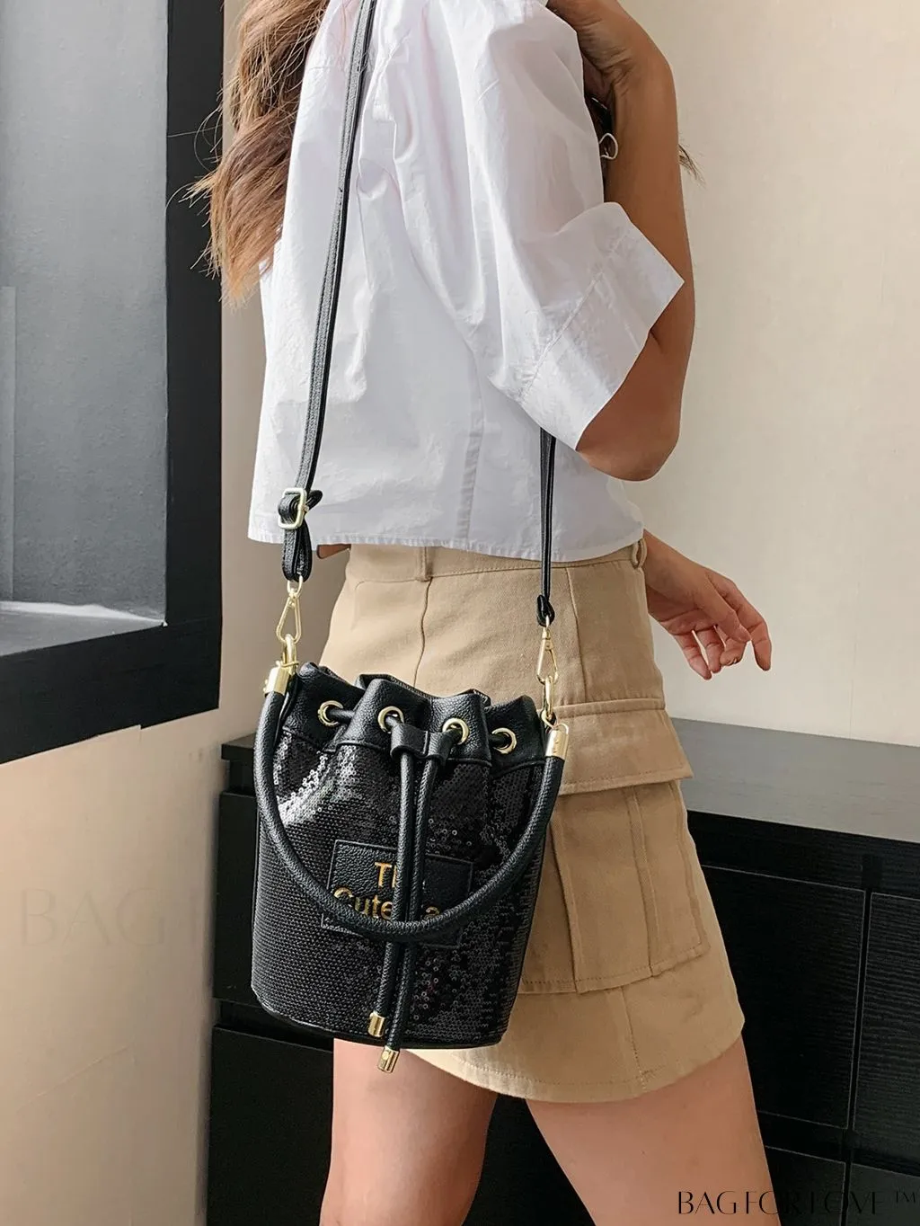 BagForLove - Sequin-Decorated Drawstring Satchel: Fashionable Letter Patch Bucket Bag