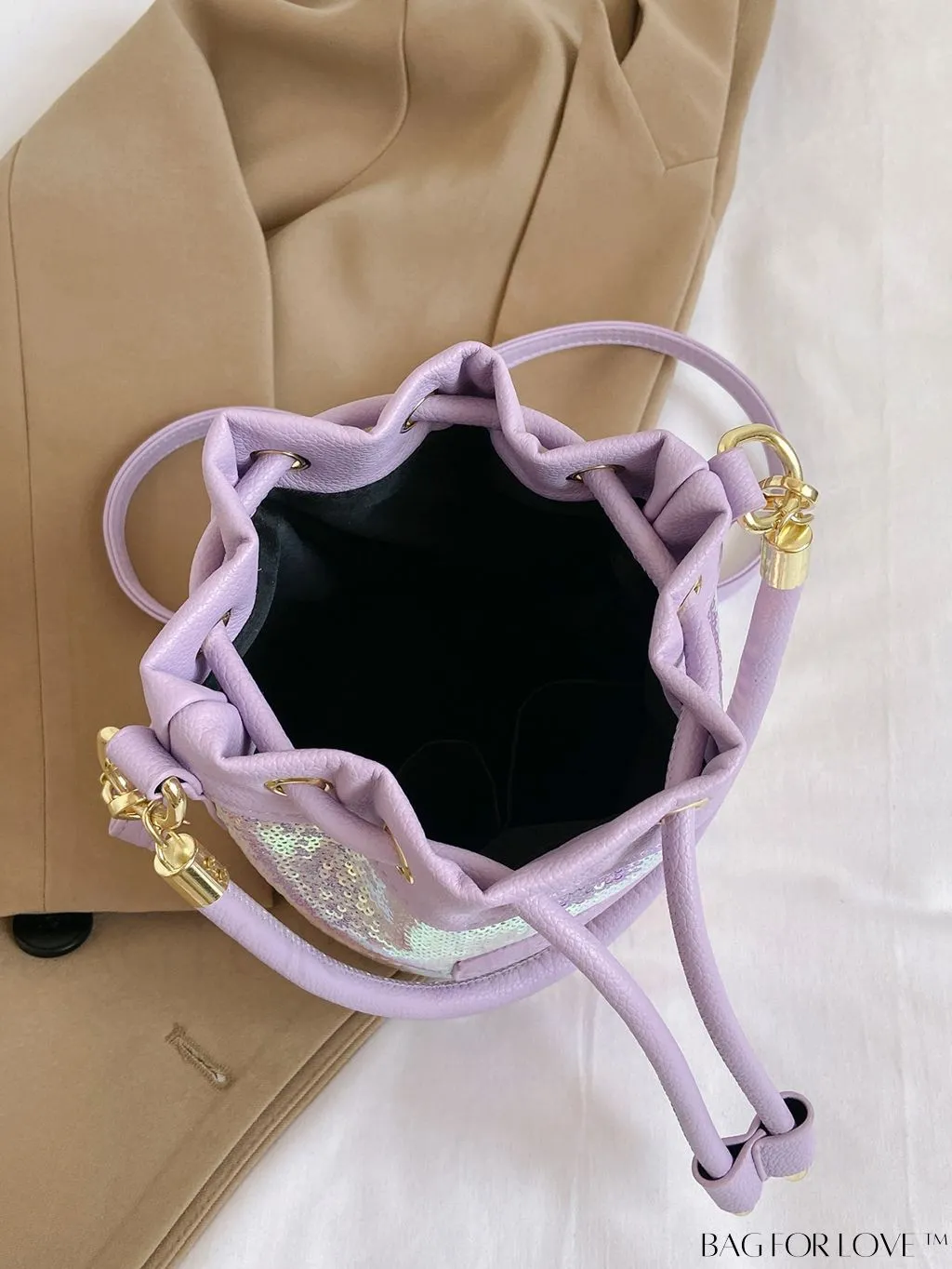 BagForLove - Sequin-Decorated Drawstring Satchel: Fashionable Letter Patch Bucket Bag