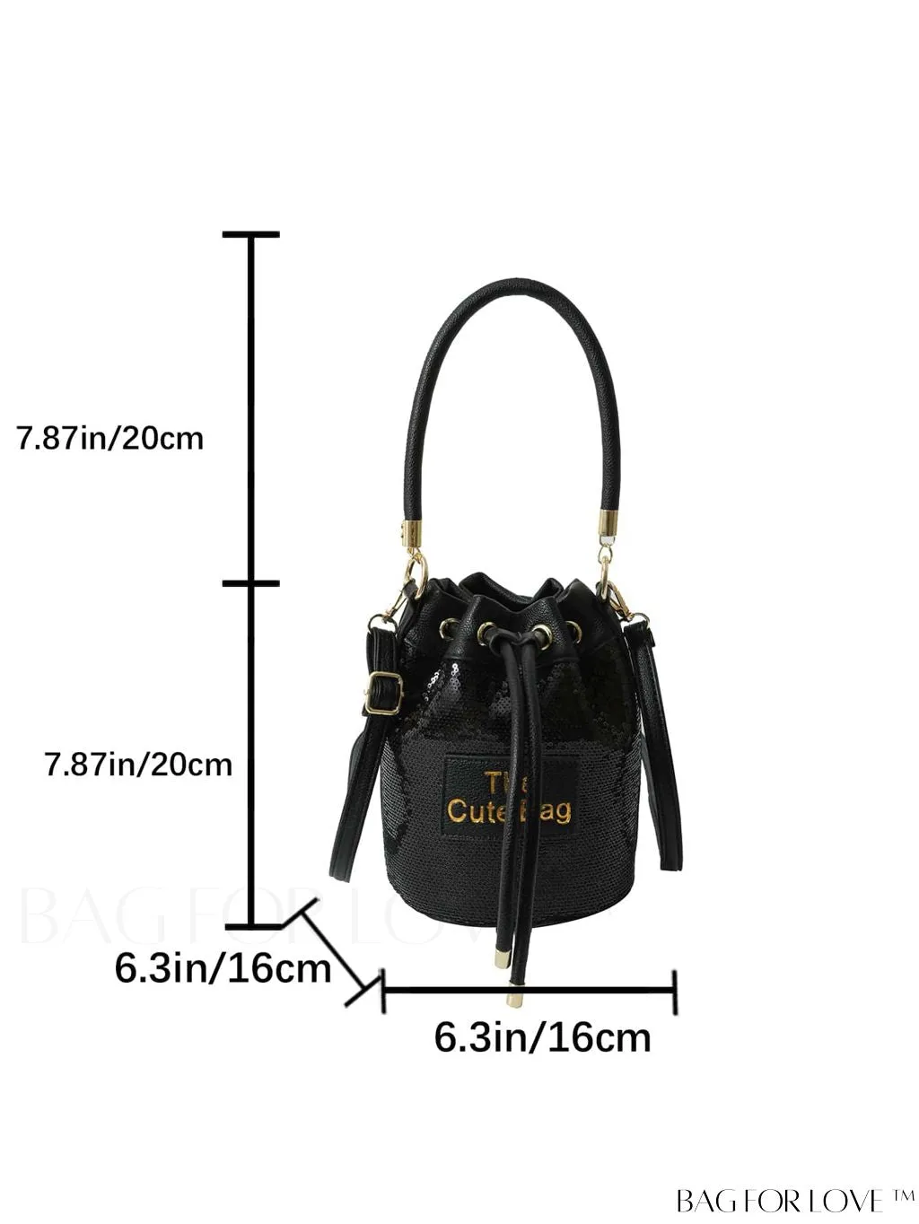BagForLove - Sequin-Decorated Drawstring Satchel: Fashionable Letter Patch Bucket Bag