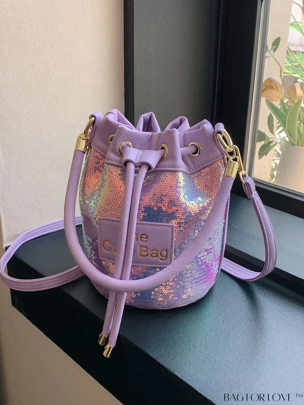 BagForLove - Sequin-Decorated Drawstring Satchel: Fashionable Letter Patch Bucket Bag