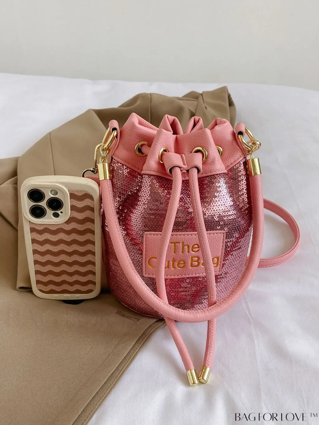 BagForLove - Sequin-Decorated Drawstring Satchel: Fashionable Letter Patch Bucket Bag