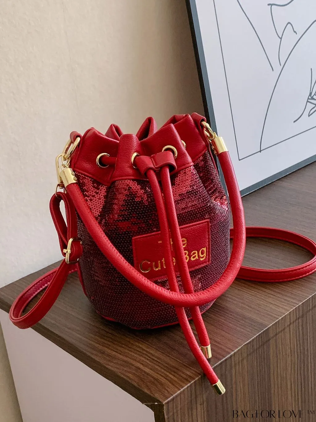 BagForLove - Sequin-Decorated Drawstring Satchel: Fashionable Letter Patch Bucket Bag