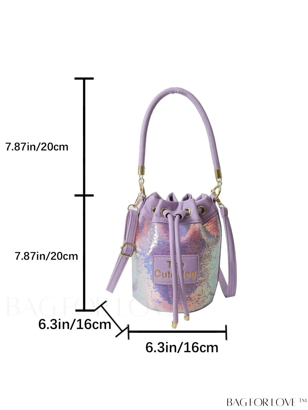 BagForLove - Sequin-Decorated Drawstring Satchel: Fashionable Letter Patch Bucket Bag