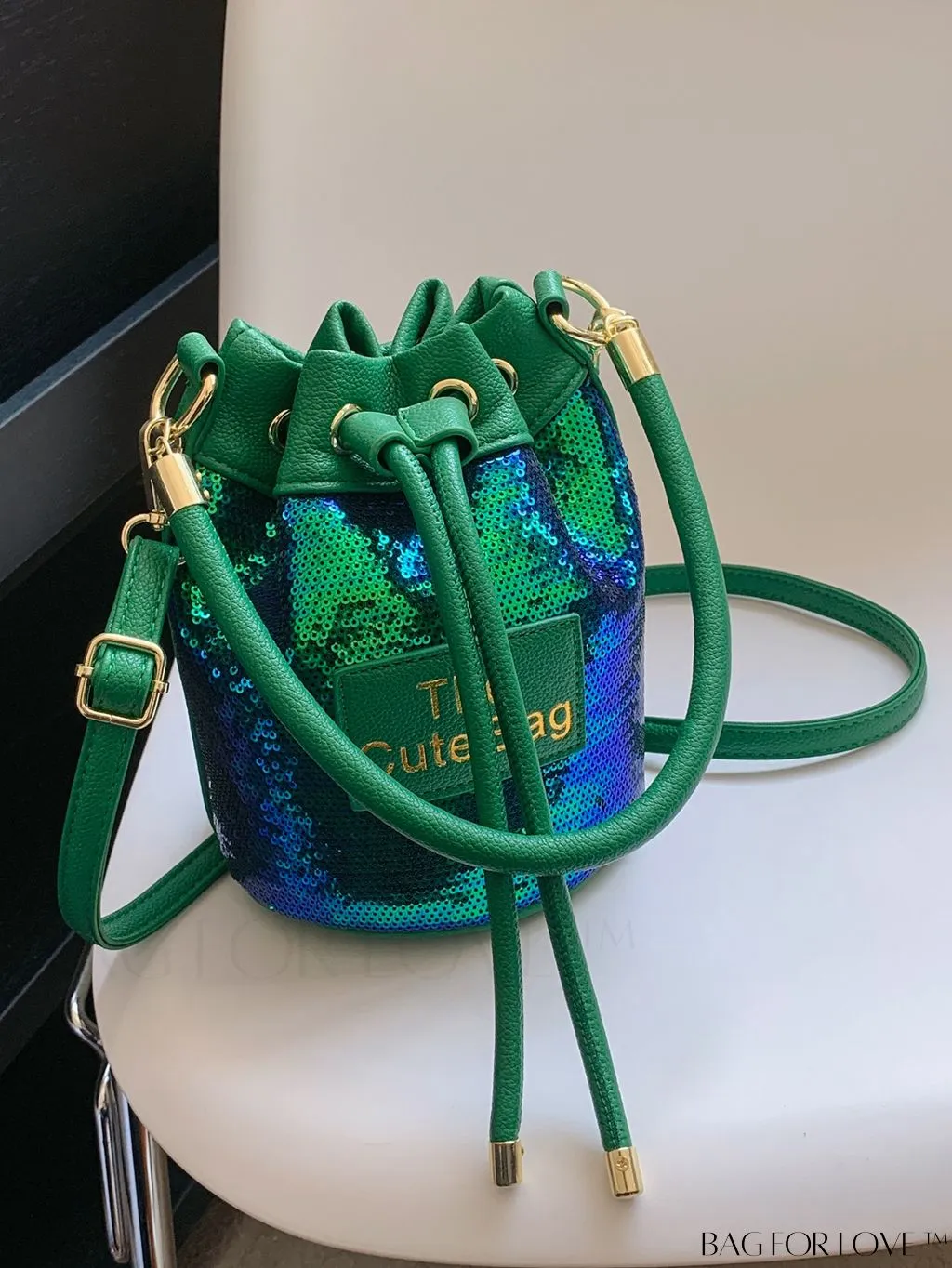 BagForLove - Sequin-Decorated Drawstring Satchel: Fashionable Letter Patch Bucket Bag