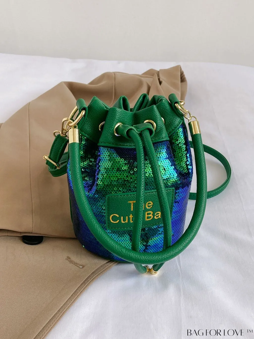 BagForLove - Sequin-Decorated Drawstring Satchel: Fashionable Letter Patch Bucket Bag