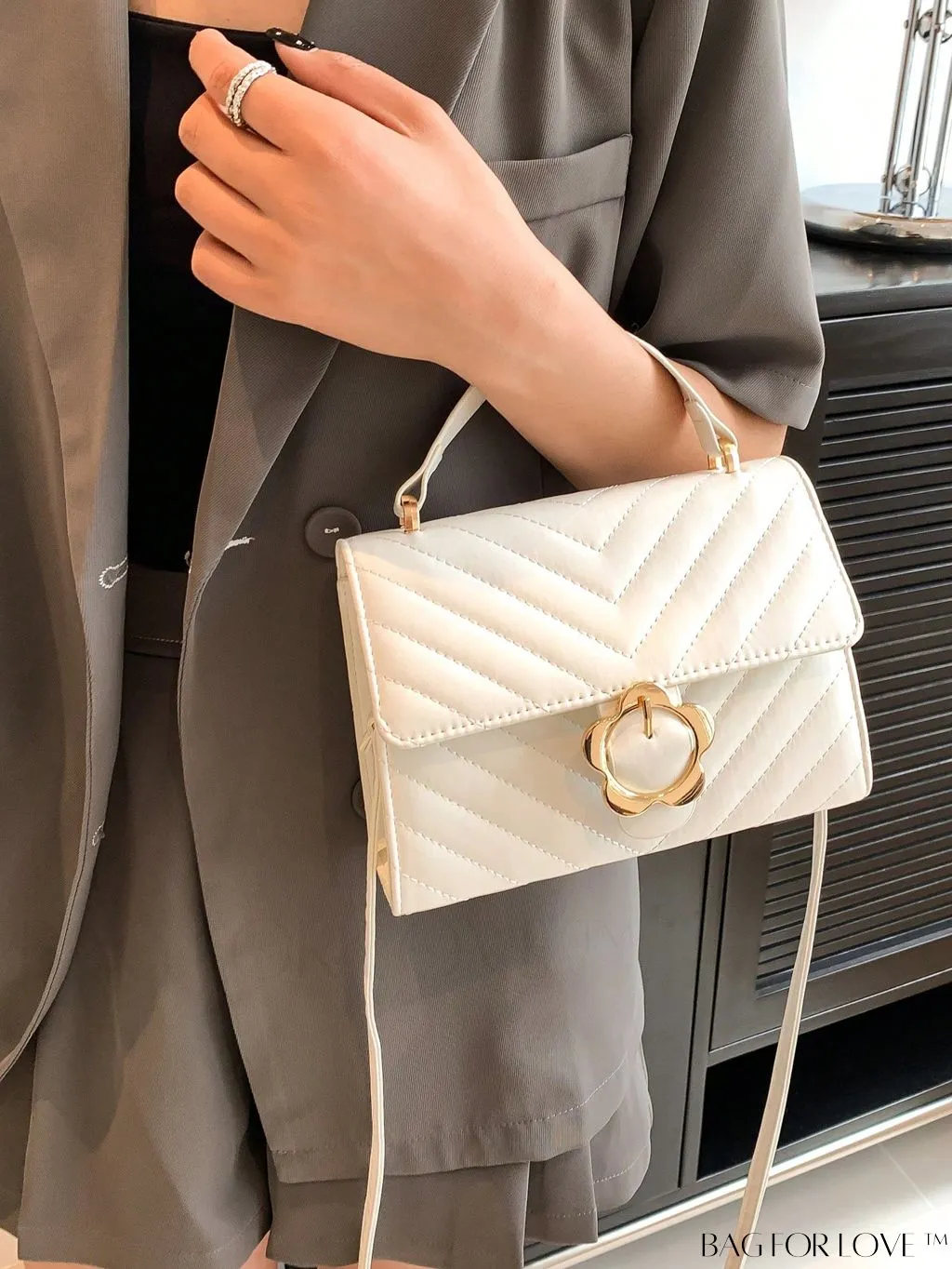 BagForLove - Small Chevron Quilted Flap Square Bag with Top Handle