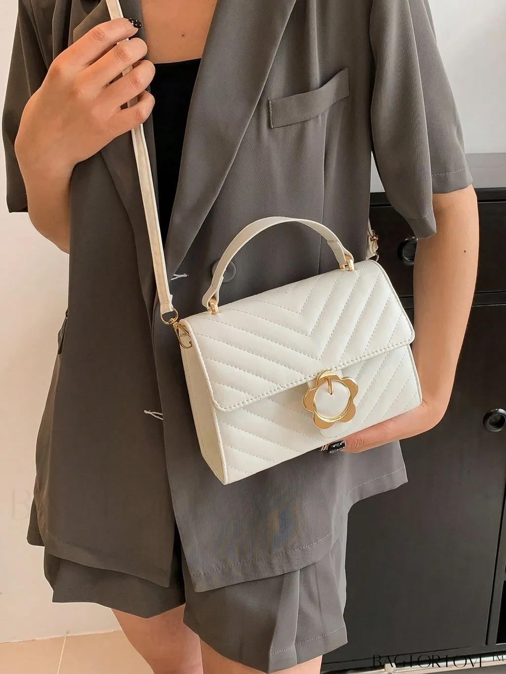 BagForLove - Small Chevron Quilted Flap Square Bag with Top Handle