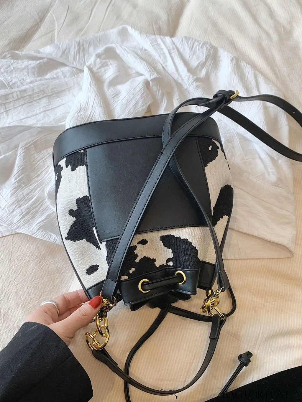 BagForLove - Stylish Cow Pattern Colorblock Bucket Bag with Drawstring - Captivating Design