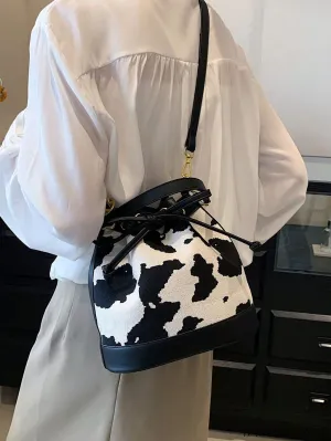 BagForLove - Stylish Cow Pattern Colorblock Bucket Bag with Drawstring - Captivating Design