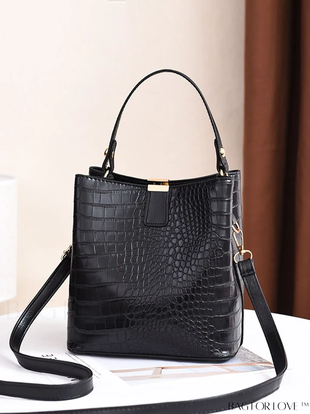 BagForLove - Stylish Crocodile Embossed PU Shoulder Bag for Women, Top Handle Bucket Purse