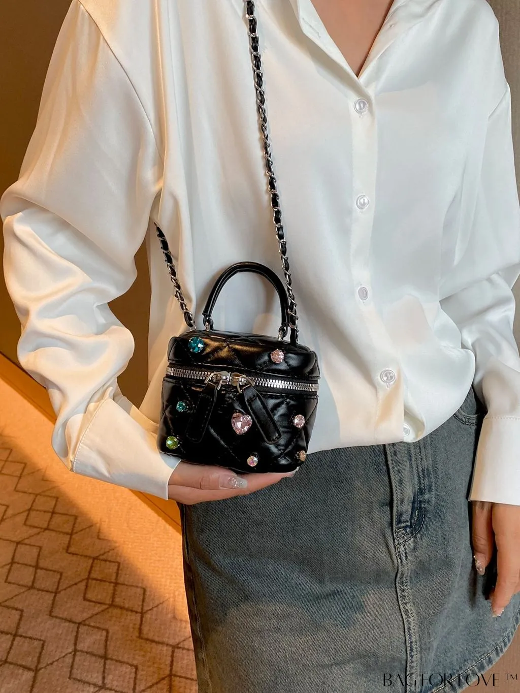 BagForLove - Stylish Embroidered Handbag with Sparkling Rhinestone and Avant-garde Metallic Finish