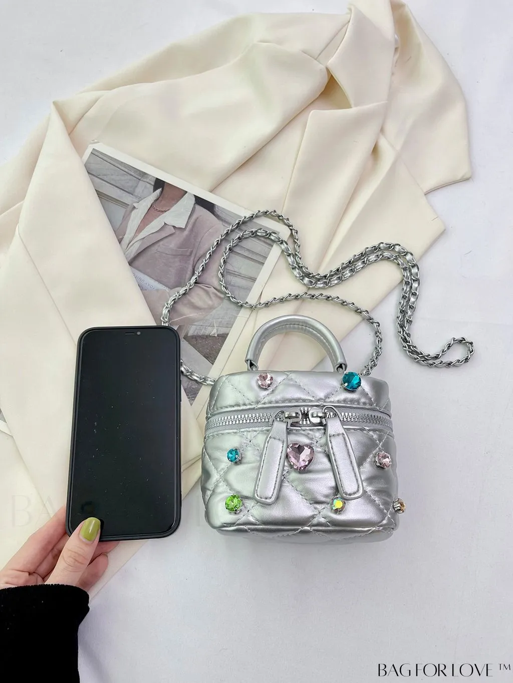 BagForLove - Stylish Embroidered Handbag with Sparkling Rhinestone and Avant-garde Metallic Finish