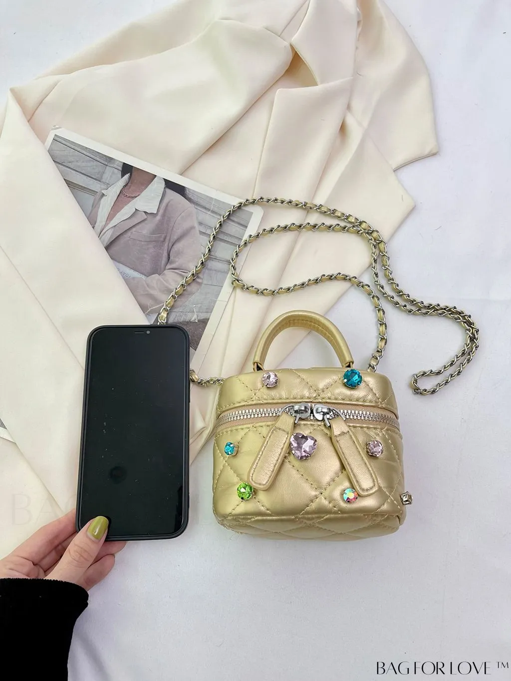 BagForLove - Stylish Embroidered Handbag with Sparkling Rhinestone and Avant-garde Metallic Finish
