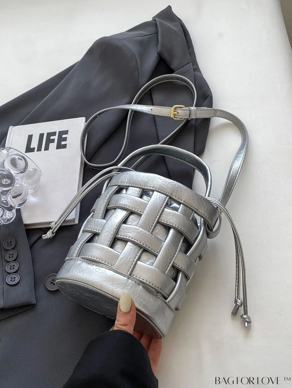 BagForLove - Stylish Mini Metallic Glossy Handbag - Drawstring Design, Adjustable Shoulder Strap