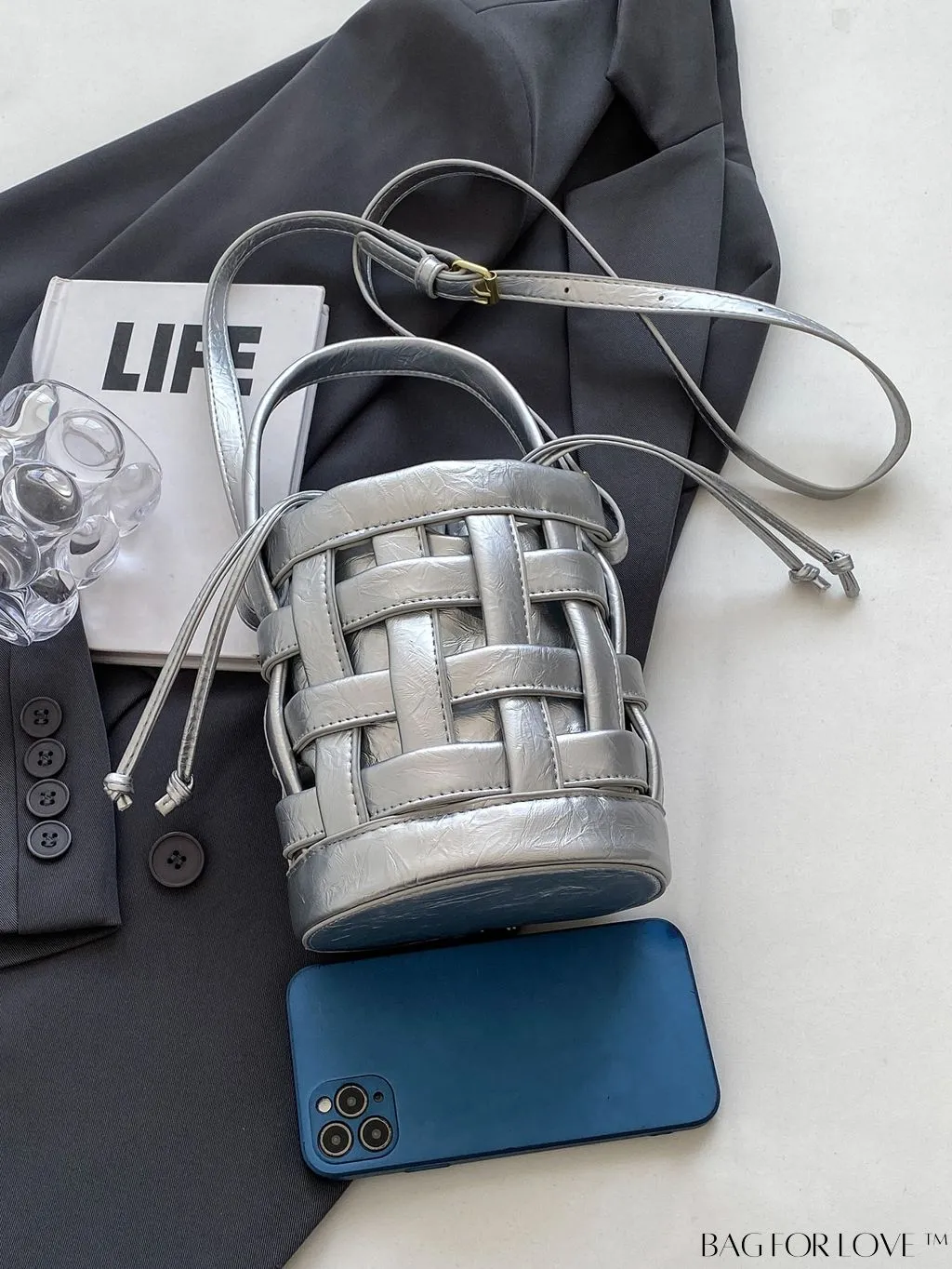 BagForLove - Stylish Mini Metallic Glossy Handbag - Drawstring Design, Adjustable Shoulder Strap