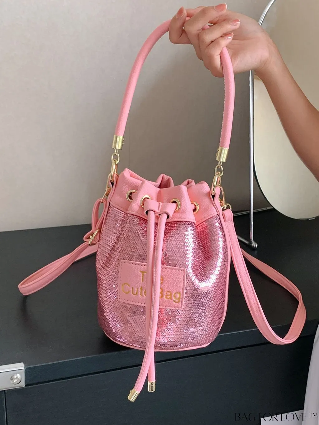 BagForLove - Stylish Single Shoulder Bag with Sparkle Decor, Alphabet Patch, and Drawstring Design