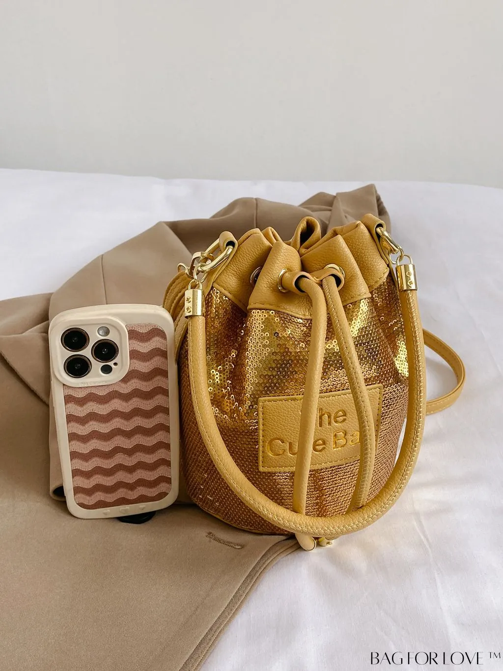 BagForLove - Stylish Single Shoulder Bag with Sparkle Decor, Alphabet Patch, and Drawstring Design
