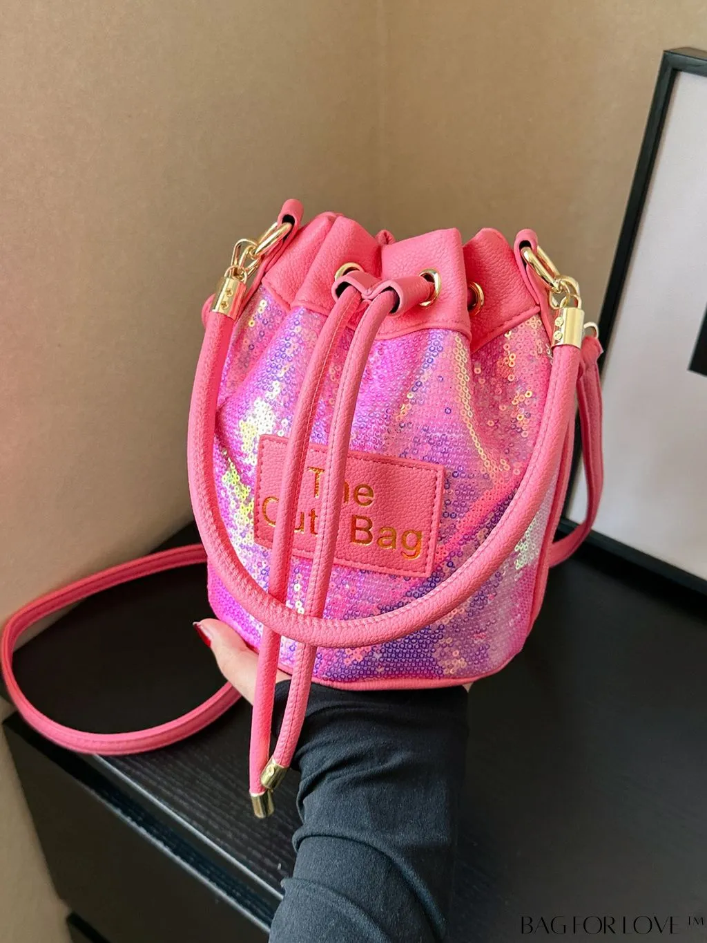BagForLove - Stylish Single Shoulder Bag with Sparkle Decor, Alphabet Patch, and Drawstring Design