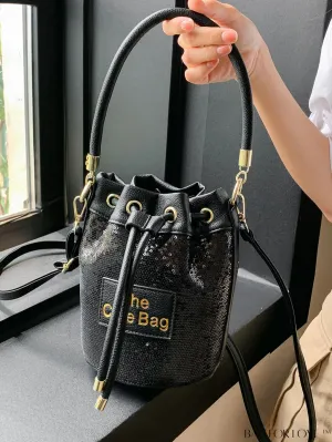 BagForLove - Stylish Single Shoulder Bag with Sparkle Decor, Alphabet Patch, and Drawstring Design