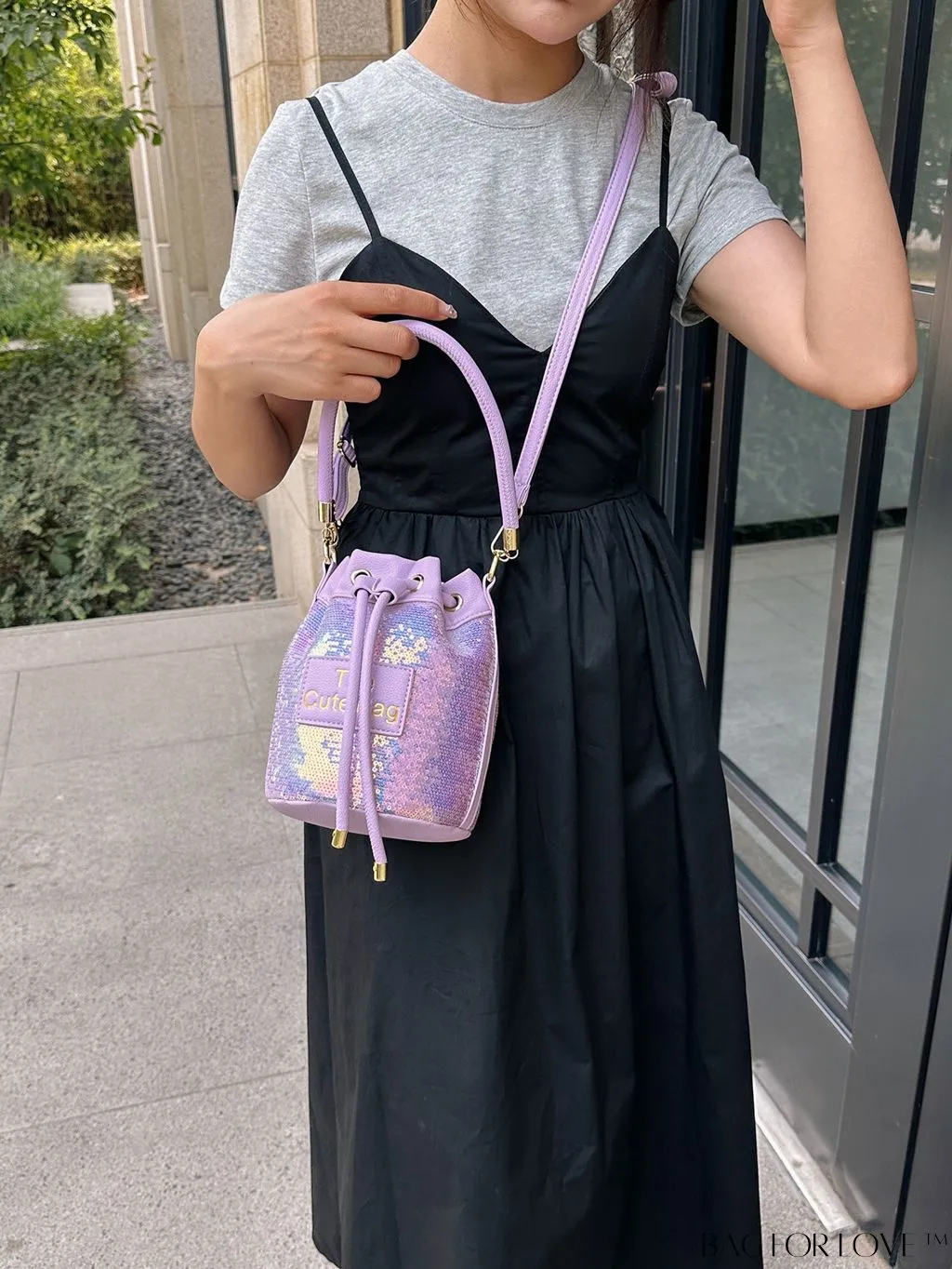 BagForLove - Stylish Single Shoulder Bag with Sparkle Decor, Alphabet Patch, and Drawstring Design