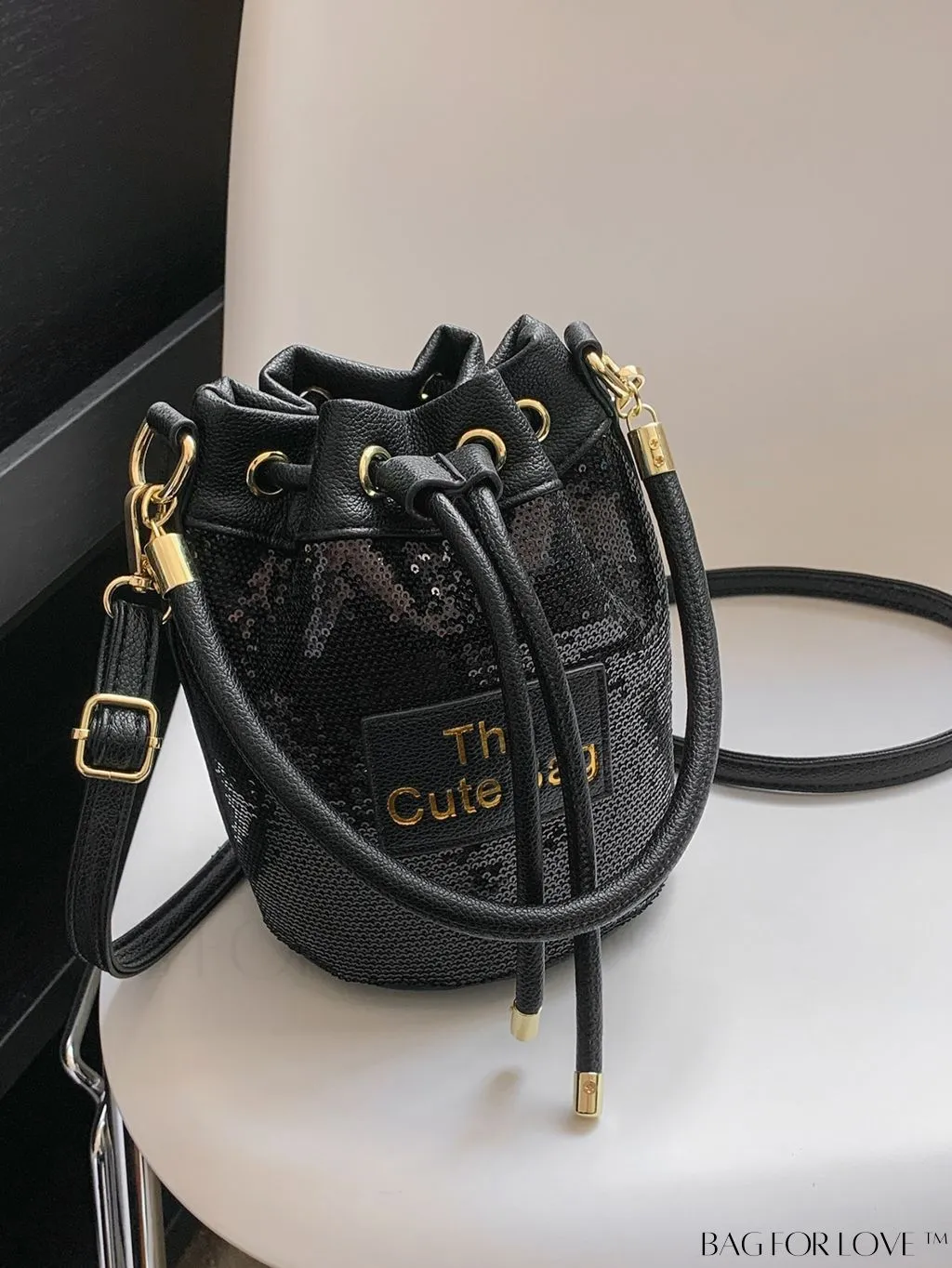 BagForLove - Stylish Single Shoulder Bag with Sparkle Decor, Alphabet Patch, and Drawstring Design