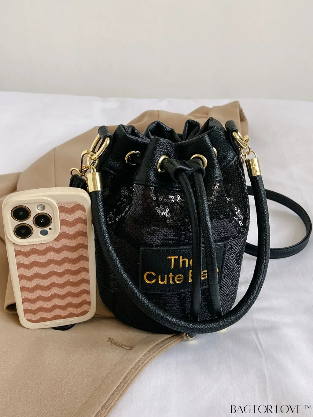 BagForLove - Stylish Single Shoulder Bag with Sparkle Decor, Alphabet Patch, and Drawstring Design