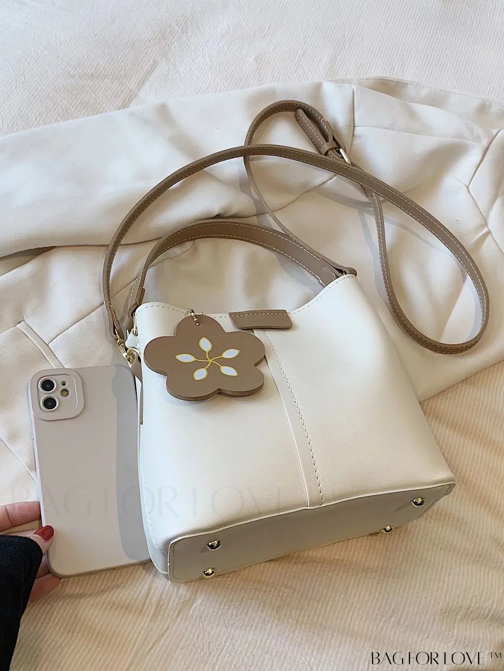 BagForLove - Womens Vegan Leather Bucket Bag - Stylish Designer Tote with Flower Pendant - Medium Satchel