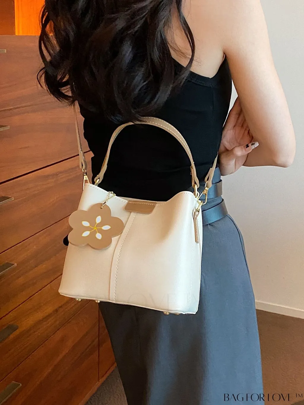 BagForLove - Womens Vegan Leather Bucket Bag - Stylish Designer Tote with Flower Pendant - Medium Satchel