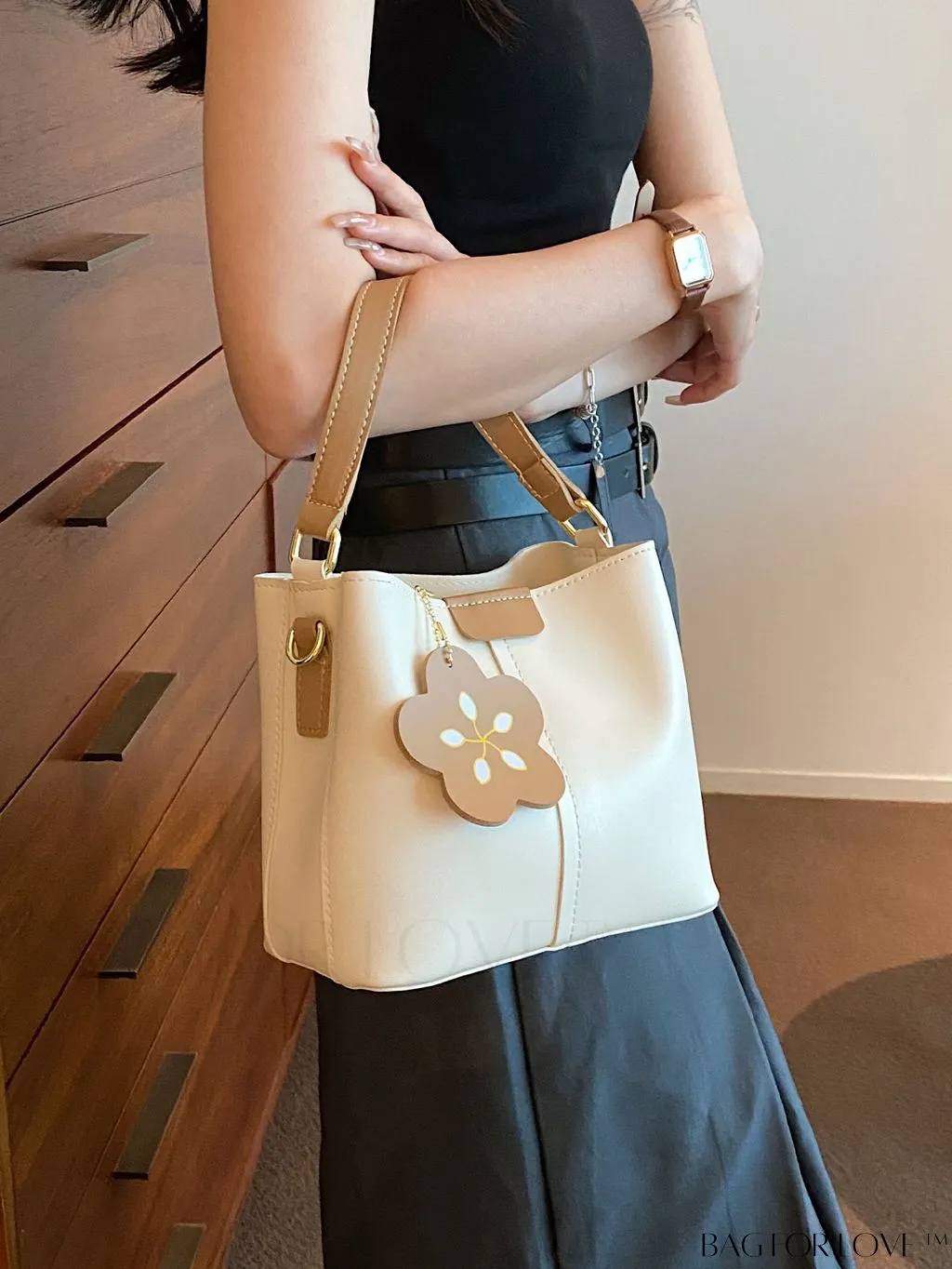 BagForLove - Womens Vegan Leather Bucket Bag - Stylish Designer Tote with Flower Pendant - Medium Satchel