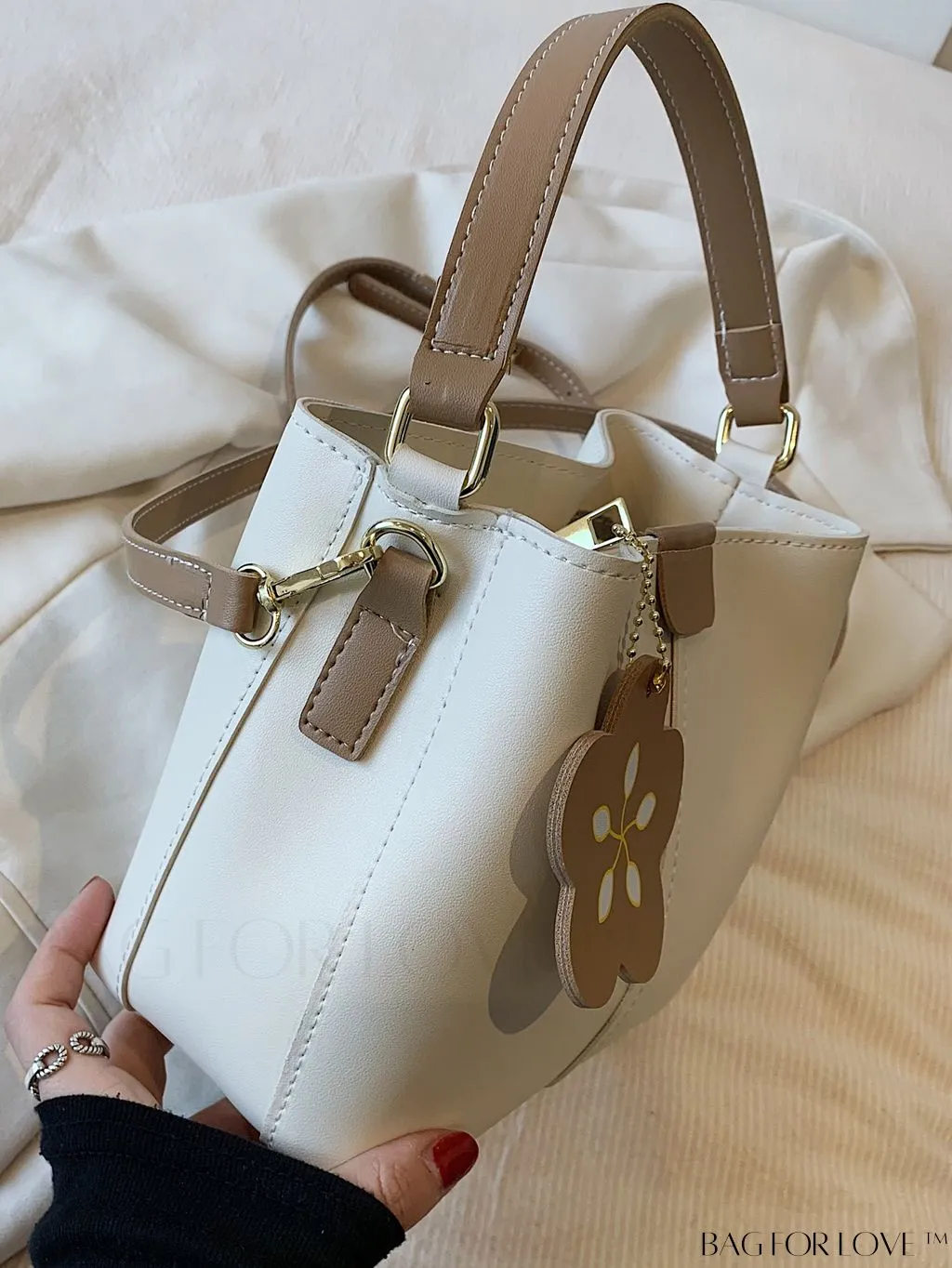 BagForLove - Womens Vegan Leather Bucket Bag - Stylish Designer Tote with Flower Pendant - Medium Satchel