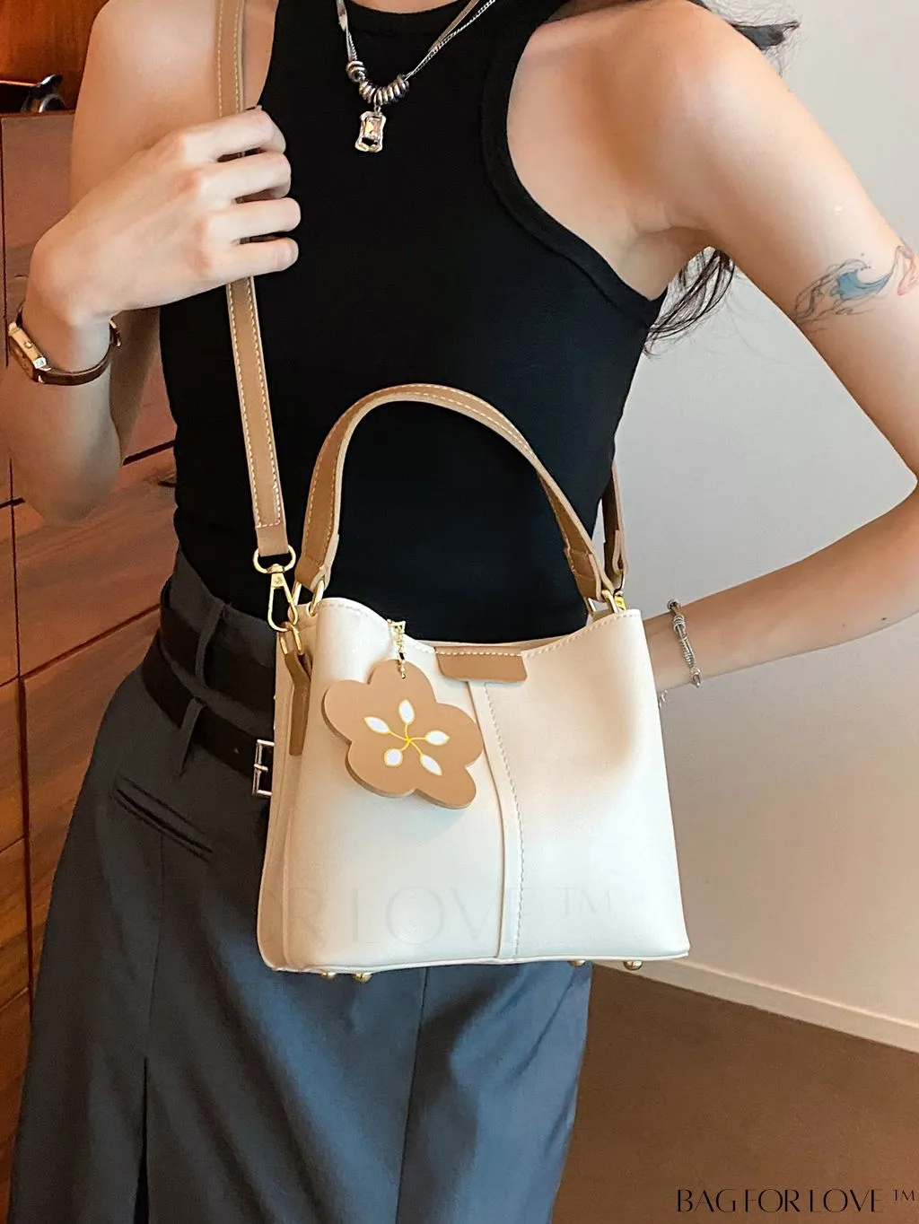 BagForLove - Womens Vegan Leather Bucket Bag - Stylish Designer Tote with Flower Pendant - Medium Satchel