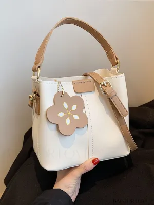 BagForLove - Womens Vegan Leather Bucket Bag - Stylish Designer Tote with Flower Pendant - Medium Satchel