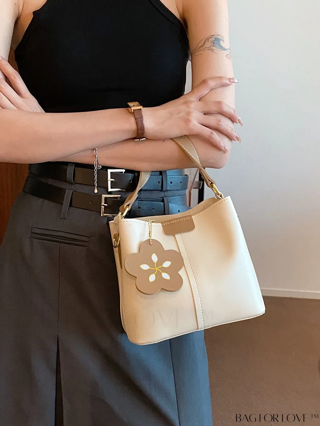 BagForLove - Womens Vegan Leather Bucket Bag - Stylish Designer Tote with Flower Pendant - Medium Satchel