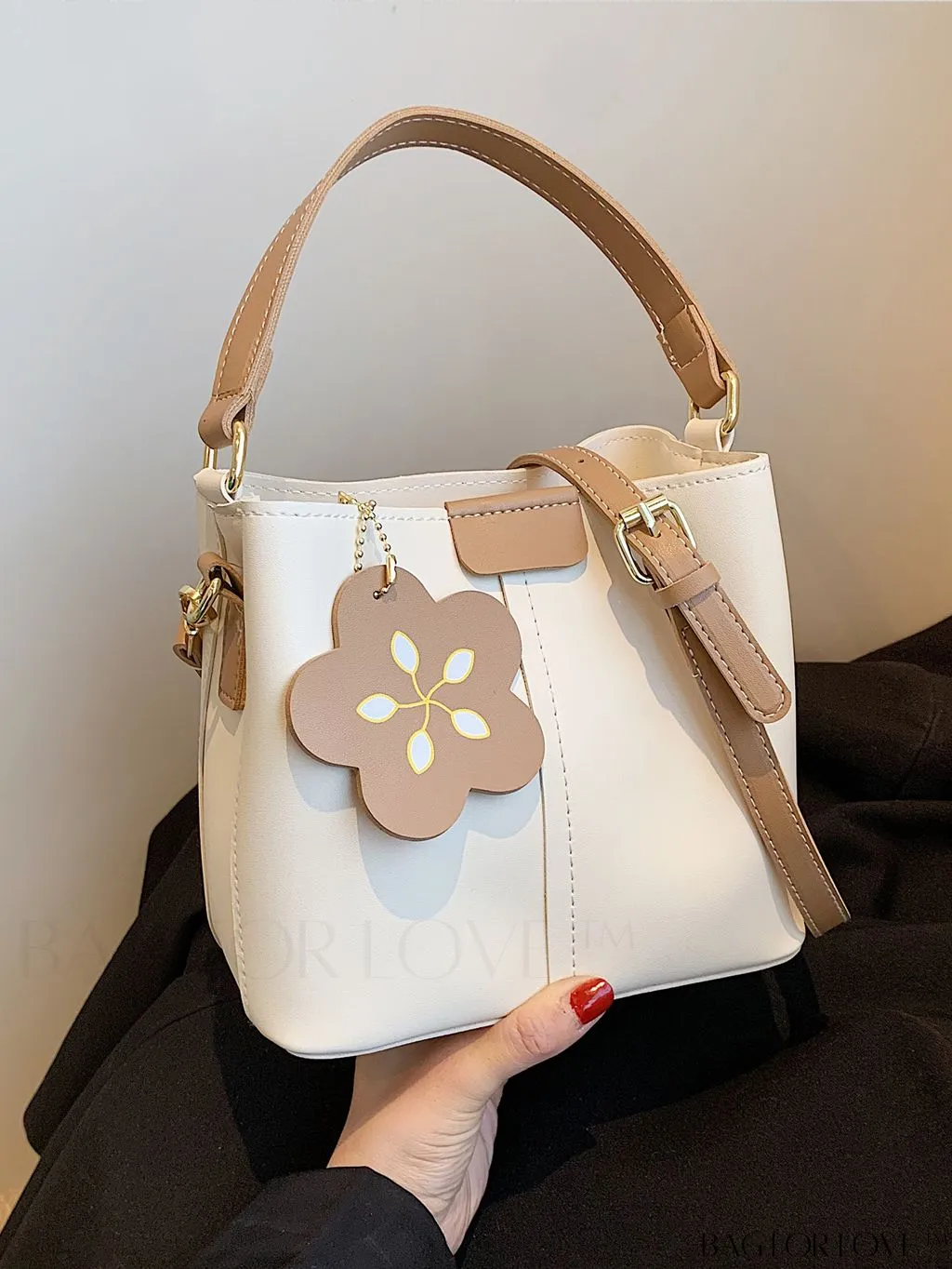 BagForLove - Womens Vegan Leather Bucket Bag - Stylish Designer Tote with Flower Pendant - Medium Satchel