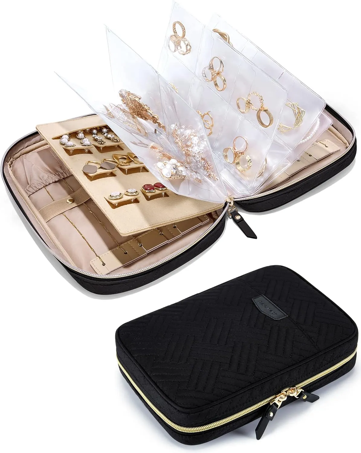 BAGSMART Jewelry Travel Organizer Case for Home Jewelry Organizer Storage Ring Binder Clear Bags Zipper Rolls Pouch for Necklaces, Earrings, Rings, Bracelets, Black