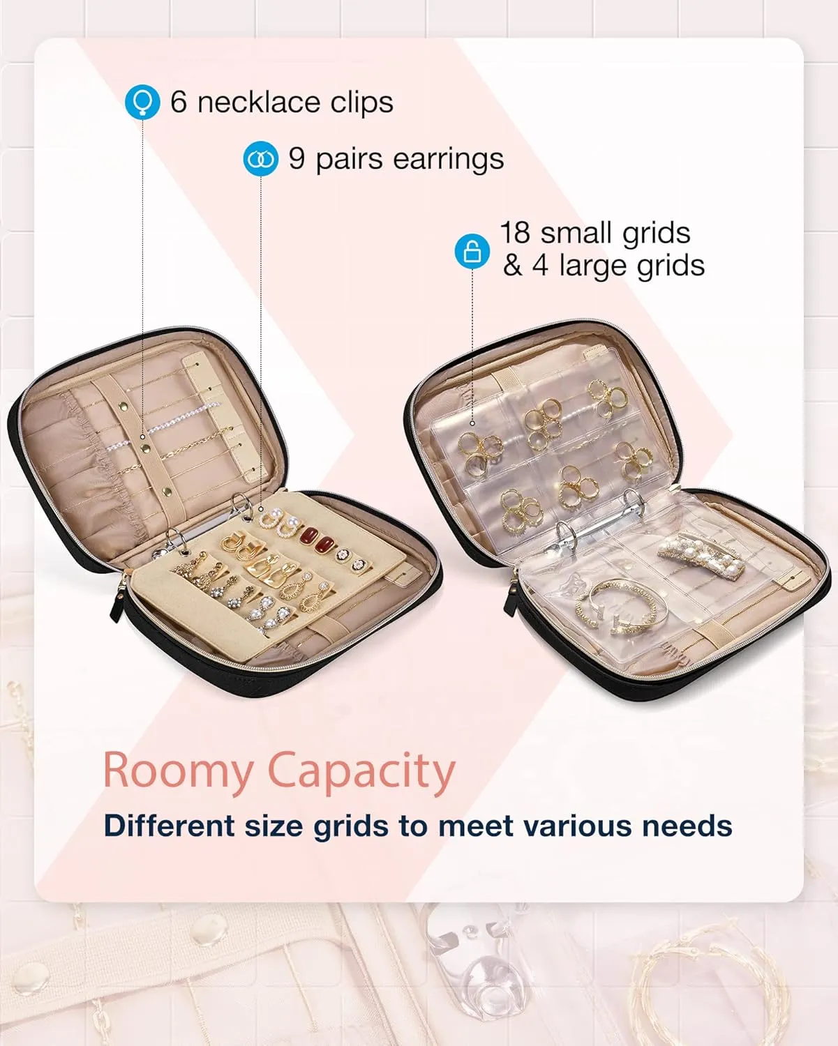 BAGSMART Jewelry Travel Organizer Case for Home Jewelry Organizer Storage Ring Binder Clear Bags Zipper Rolls Pouch for Necklaces, Earrings, Rings, Bracelets, Black