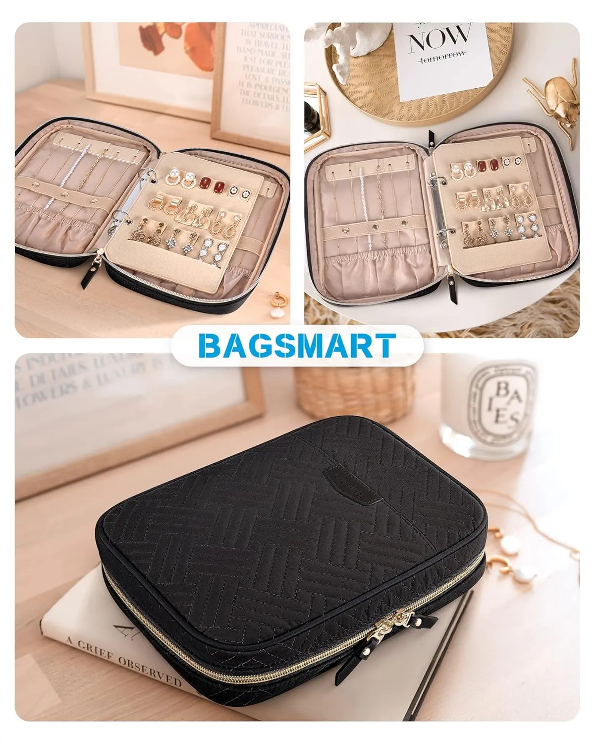 BAGSMART Jewelry Travel Organizer Case for Home Jewelry Organizer Storage Ring Binder Clear Bags Zipper Rolls Pouch for Necklaces, Earrings, Rings, Bracelets, Black