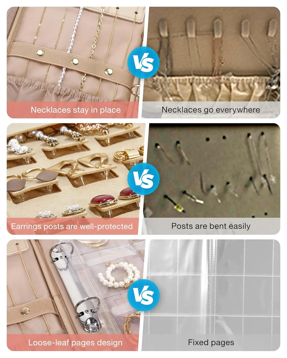 BAGSMART Jewelry Travel Organizer Case for Home Jewelry Organizer Storage Ring Binder Clear Bags Zipper Rolls Pouch for Necklaces, Earrings, Rings, Bracelets, Teal