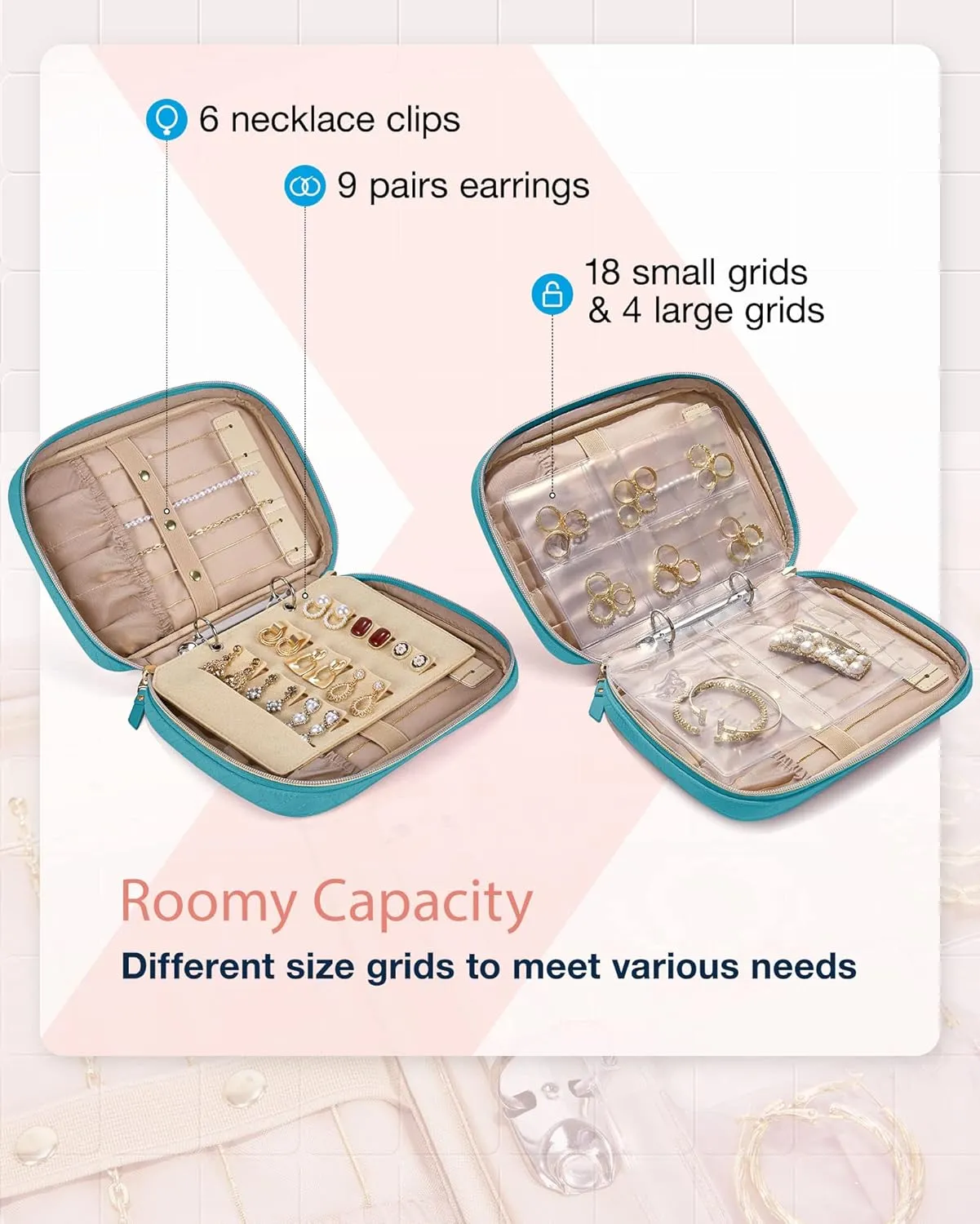 BAGSMART Jewelry Travel Organizer Case for Home Jewelry Organizer Storage Ring Binder Clear Bags Zipper Rolls Pouch for Necklaces, Earrings, Rings, Bracelets, Teal